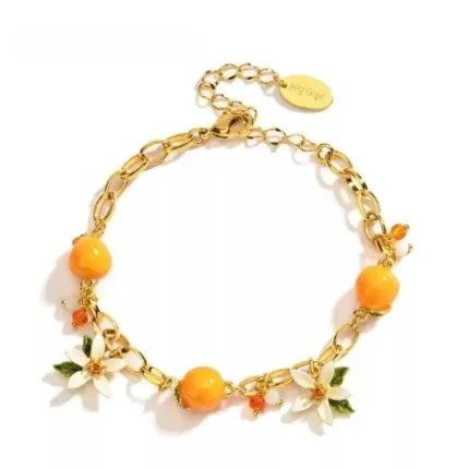 Artisan Citrus Bracelet - Dainty Kumquat & Orange Blossom Charm Chain