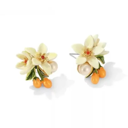 Handcrafted Enamel Earrings White Orange Blossom & Kumquat Studs